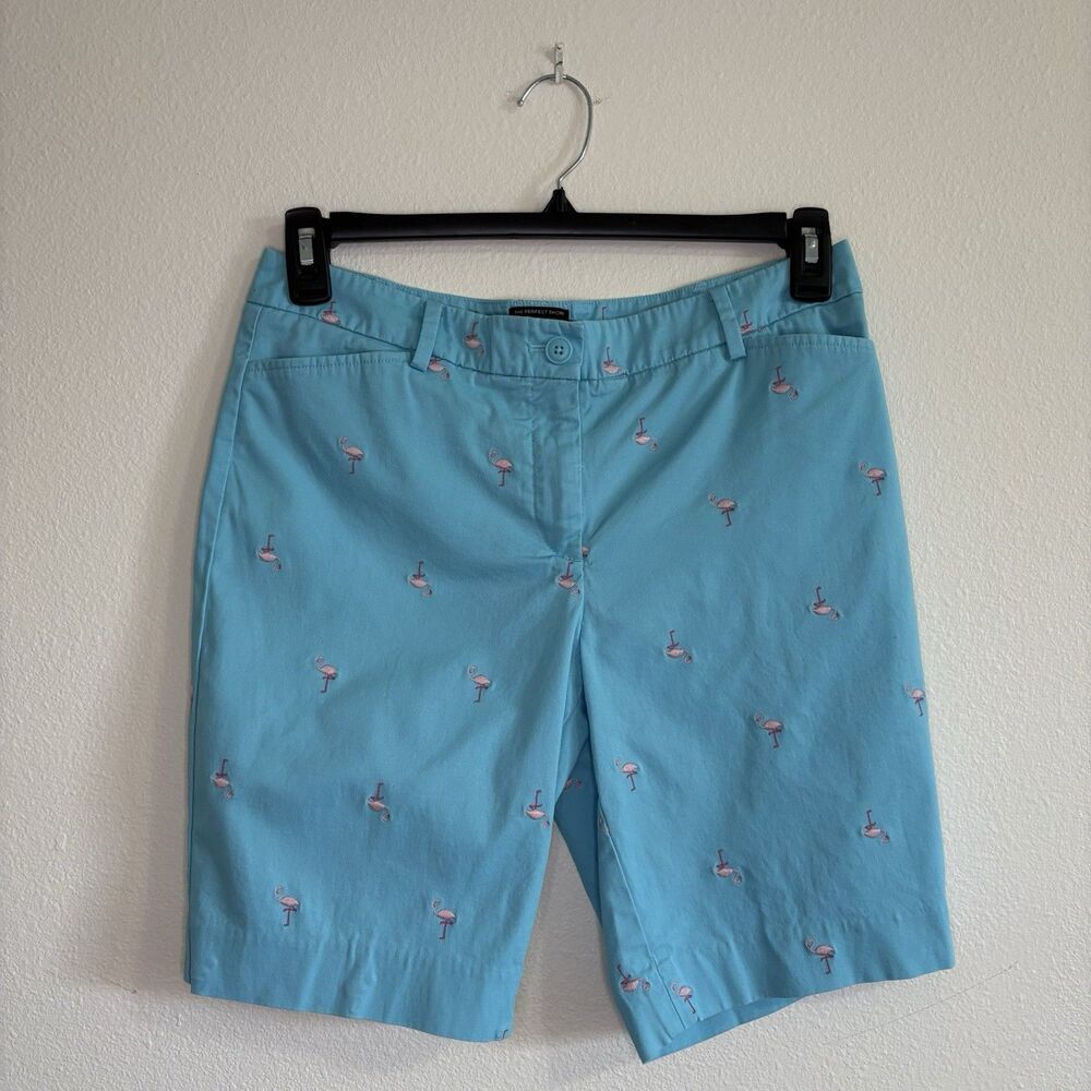 Talbots The Perfect Short Turquoise Flamingo Embroidered Size 8P Petite EUC